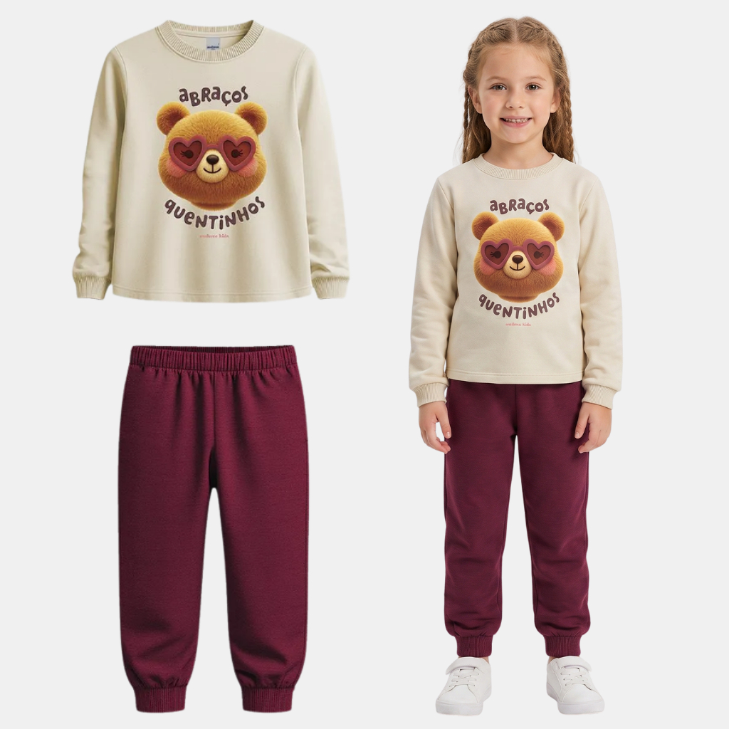 Conjunto Infantil Menina Blusão Calça Moletom Flanelado Malwee Kids Abraços Quentinhos