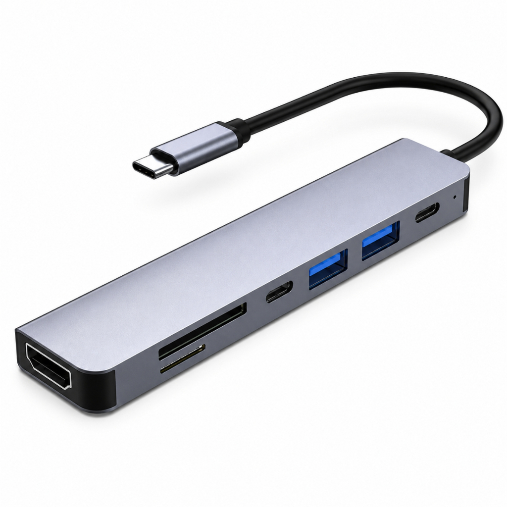 Hub USB-C 7 em 1 HDMI 4K USB 3.0 SD TF PD 60W Adaptador Multiportas Extensor Conector Slim Portátil