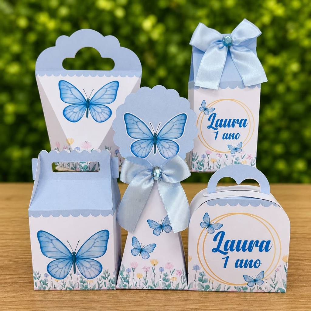 KIT FESTA JARDIM ENCANTADO DAS BORBOLETAS AZUL - Caixas para decoração e lembrancinha de aniversário
