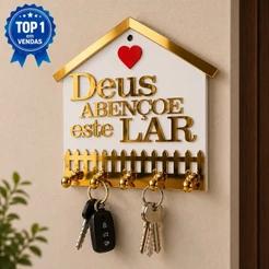 Porta Chave Quadro Decorativo Modelo Deus abençoe este Lar MDF