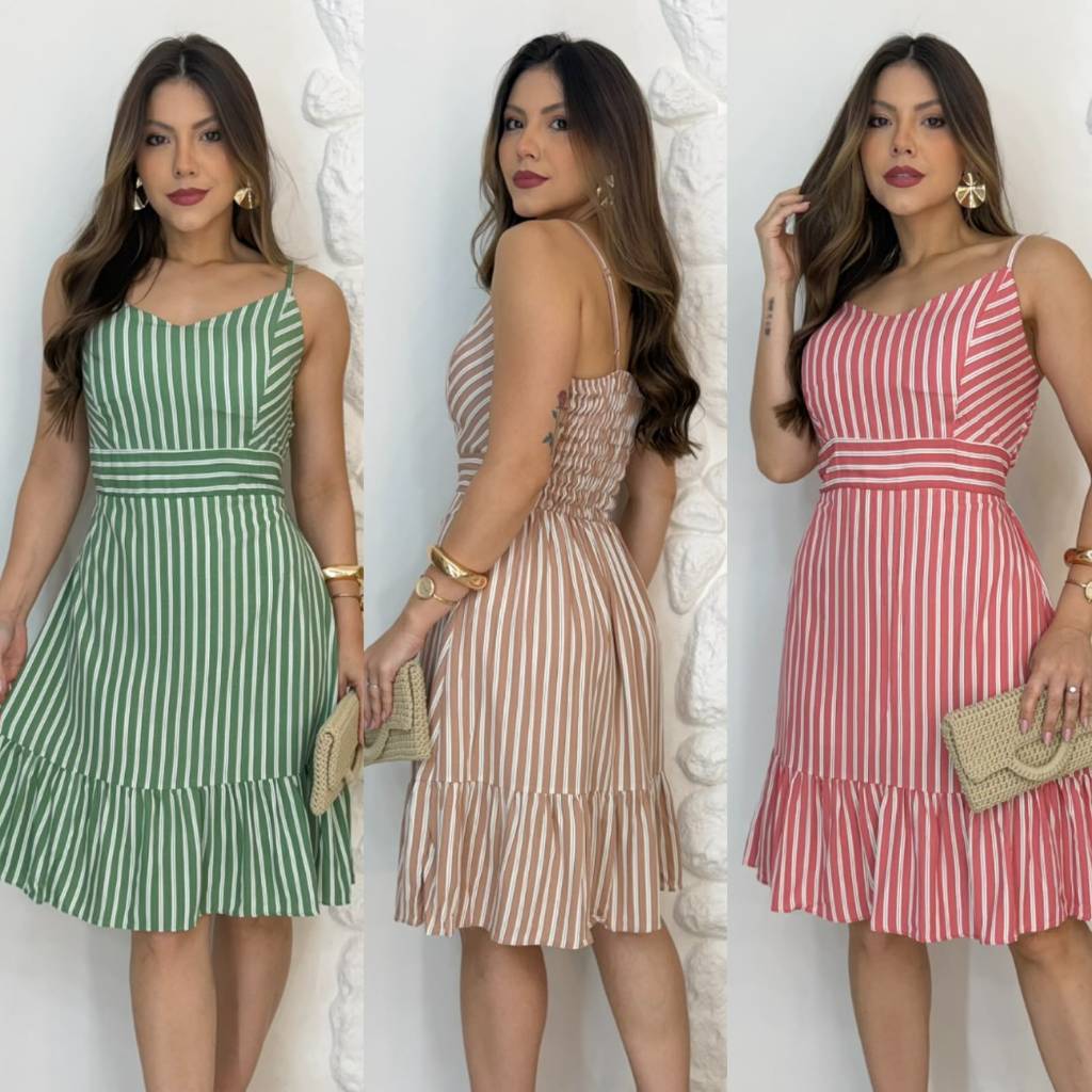 Vestido Feminino Curto com Alcinha Moda Verão Alças Reguláveis Soltinho Leve Listra Bojo Forro