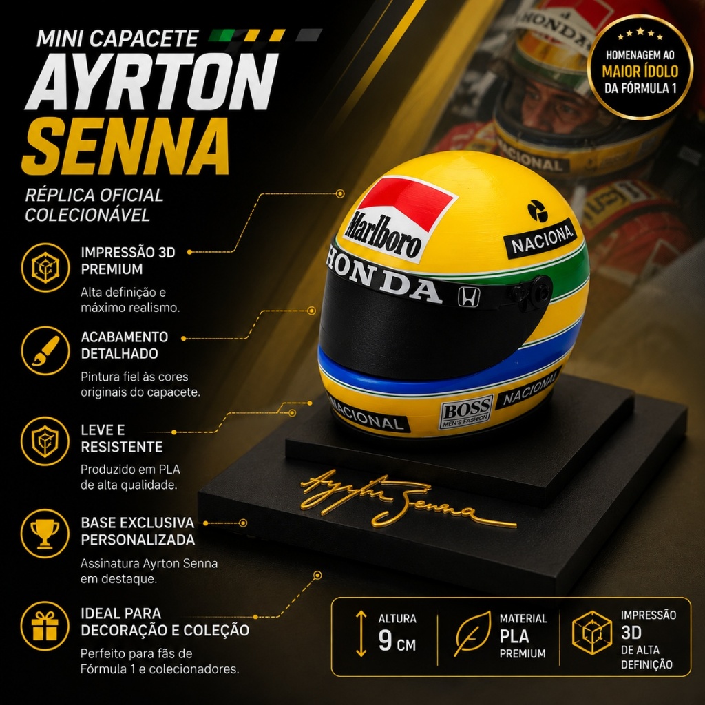 Capacete Decorativo Ayrton Senna Peça Colecionável com Base Premium Fórmula 1 Decoração