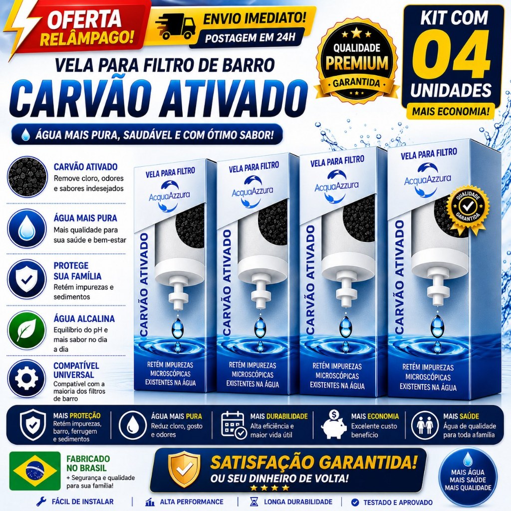 04 Velas Para Filtro De Barro CARVÃO ATIVADO Para Todos Filtros Filtragem Rápida - ENVIO IMEDIATO