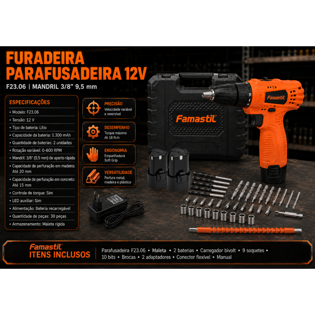 Parafusadeira Furadeira a Bateria 12v + Kit 30 Peças Famastil com 2 Baterias · foto 2