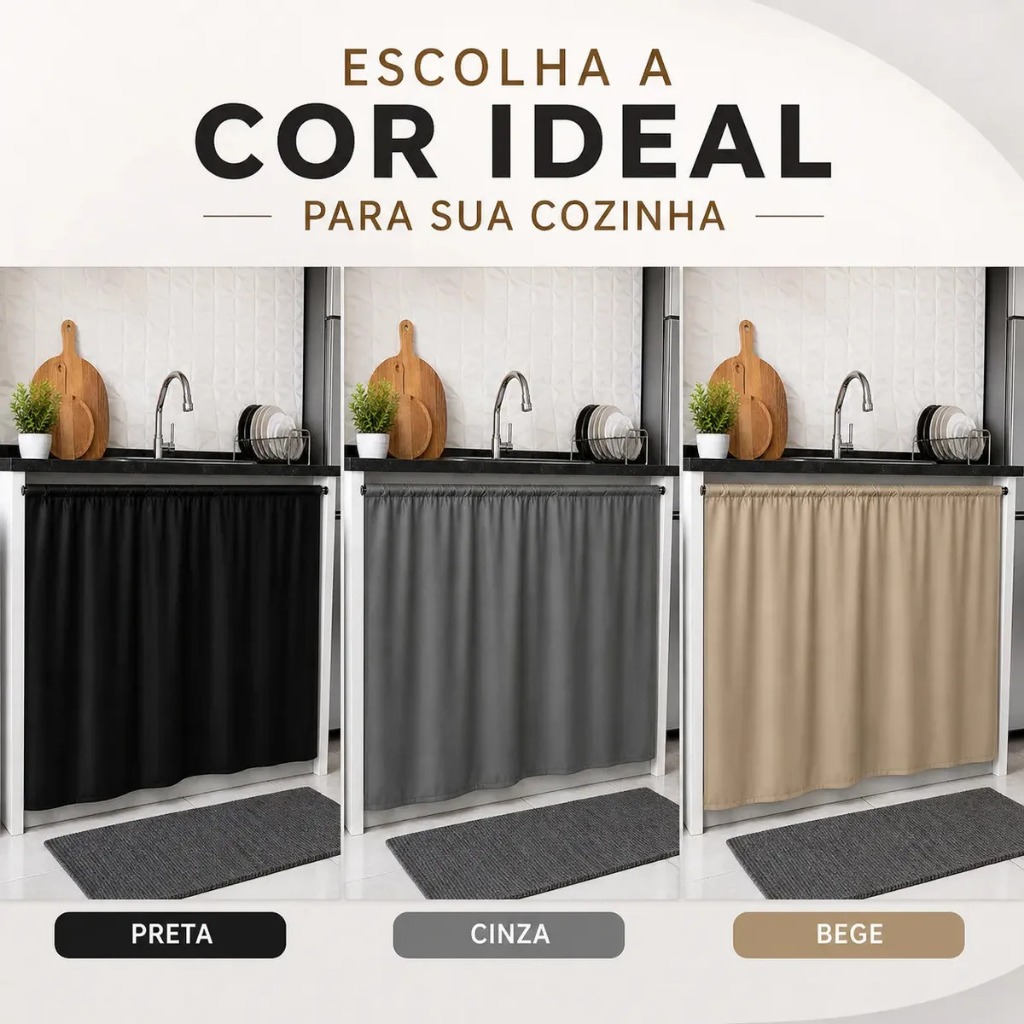Cortina Para Pia De Cozinha Balcão Blackout Lisa 1,40x80cm Preto Ajuda a Reduzir Respingos e Manter a Bancada Limpa e Or