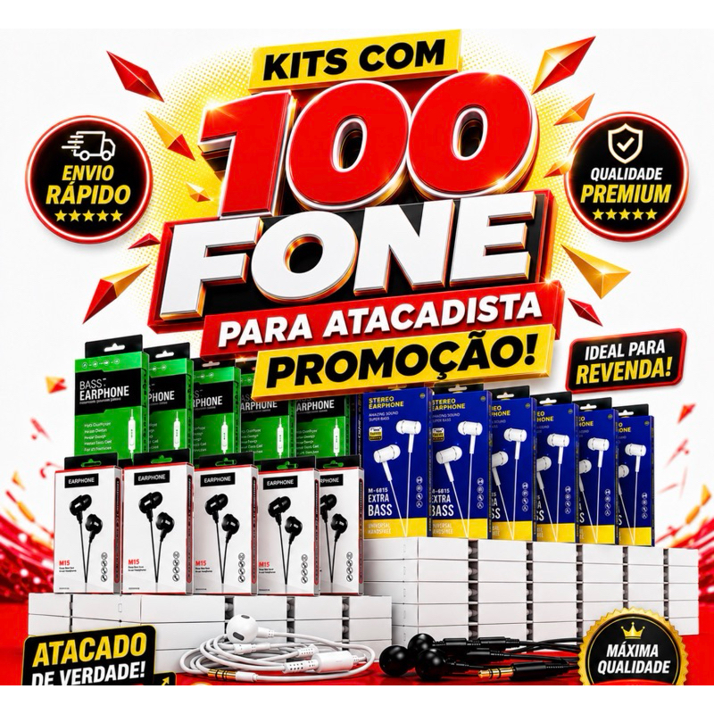 Kit 100 Fones de Ouvido P2 com Microfone Atacado para Revenda – Fone Universal Estéreo com Fio