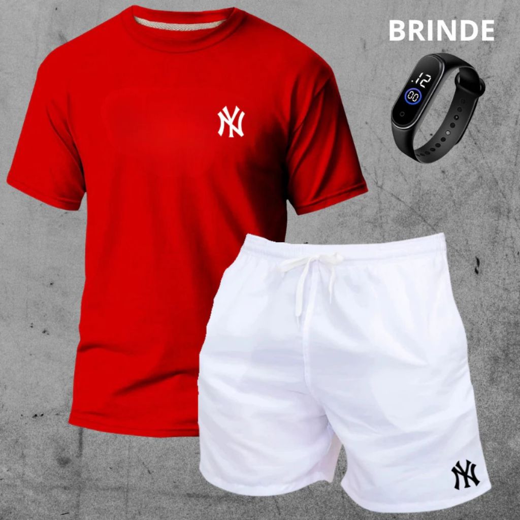 Promoção Kit Camiseta algodão e Short Tectel  Masculino Bermuda Mauricinho Praia Academia + Relógio prova d'água