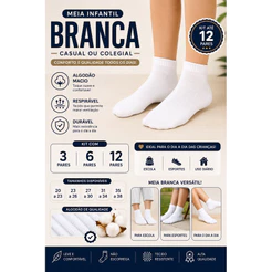 Kit De 3 a 12 Pares De Meias INFANTIL Branca Algodão Cano Curto