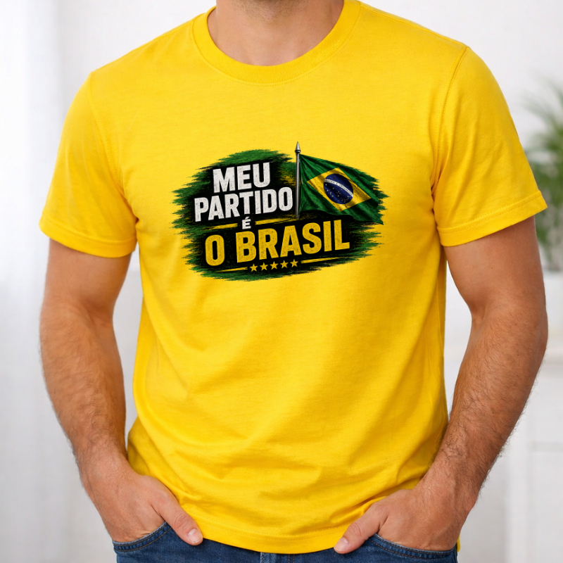 Camiseta meu partido é o brasil masculina algodão camisa patriota estampada amarela pátria plus size