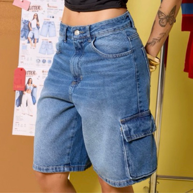 Bermuda Cargo Jeans Feminina Claro Médio Jeans - Marca Glitter Jeans