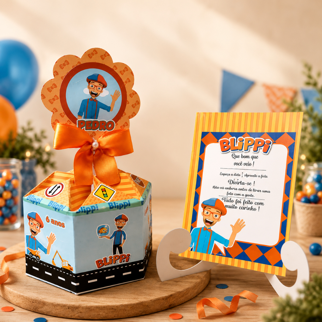 Centro de Mesa Blippi Toys Kit Cachepô Blippy Personalizado Festa Aniversário Lembrancinha Caixinha Infantil Enfeite