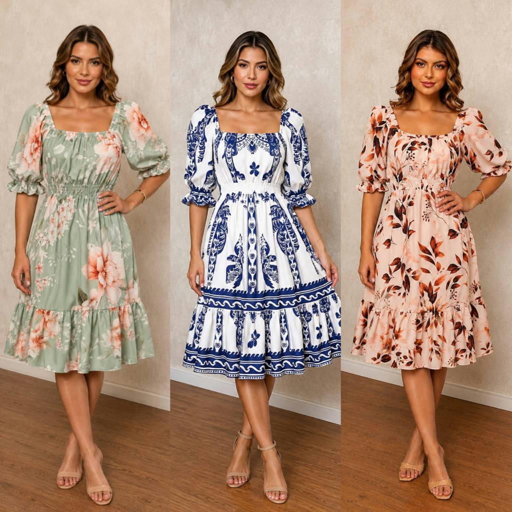 Vestido Mídi Slim e Plus Size Floral Estampado com Mangas Bufantes e Caimento Impecável Com Lastex Confortável