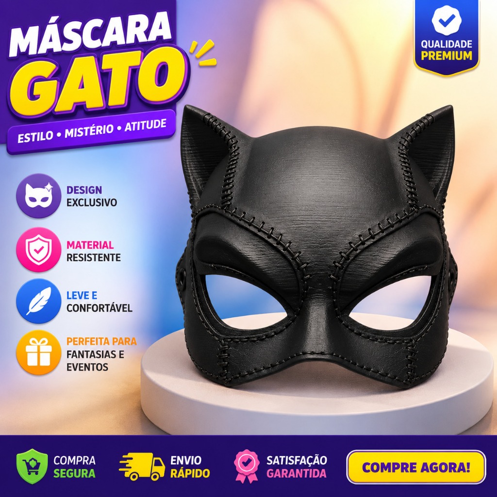 Máscara Mulher Gato Fantasia Feminina Adulto Cosplay Temática de Plástico Carnaval Halloween Festa