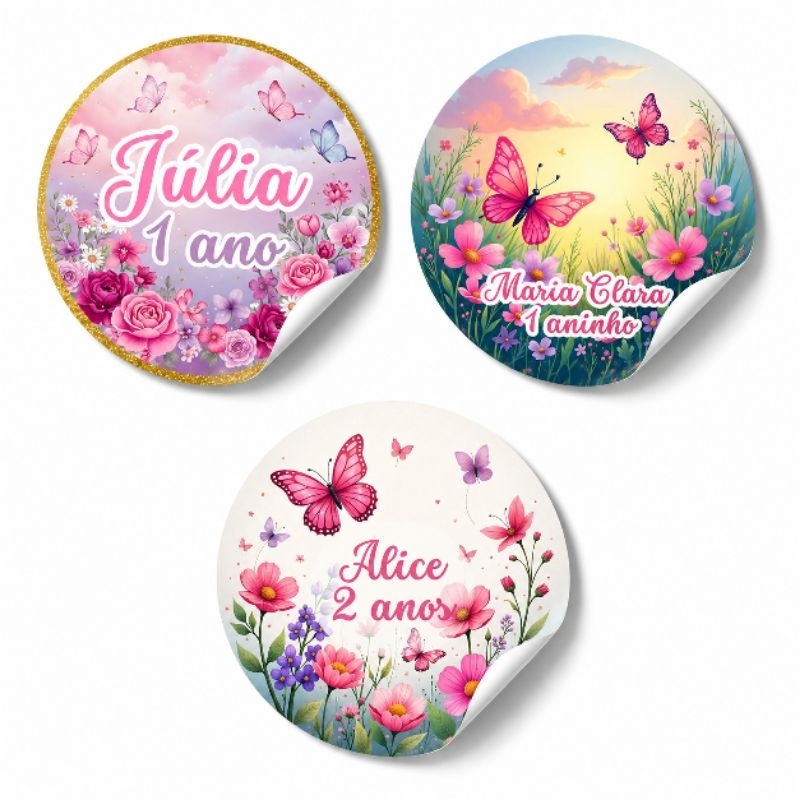 Adesivo Personalizado Jardim das Borboletas Menina Festa Aniversário Mesversário Lembrancinha Pronto Envio