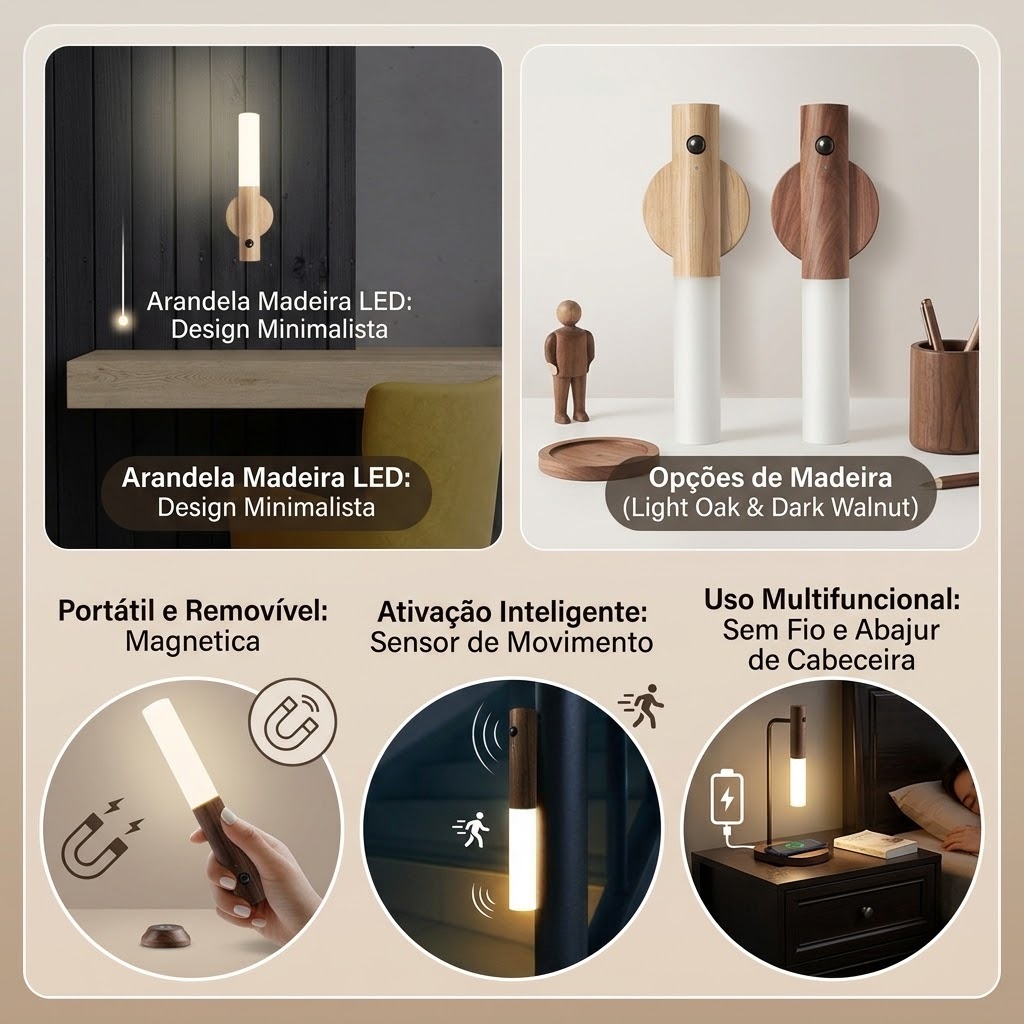 Arandela Madeira LED Sensor de Movimento Magnetica Luminaria Minimalista Sem Fio Abajur Quarto Cabeceira