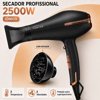 Secador de Cabelo com Difusor e Concentrador Profissional 127V 220V LONYAN 2500W íons Leve e Silenci