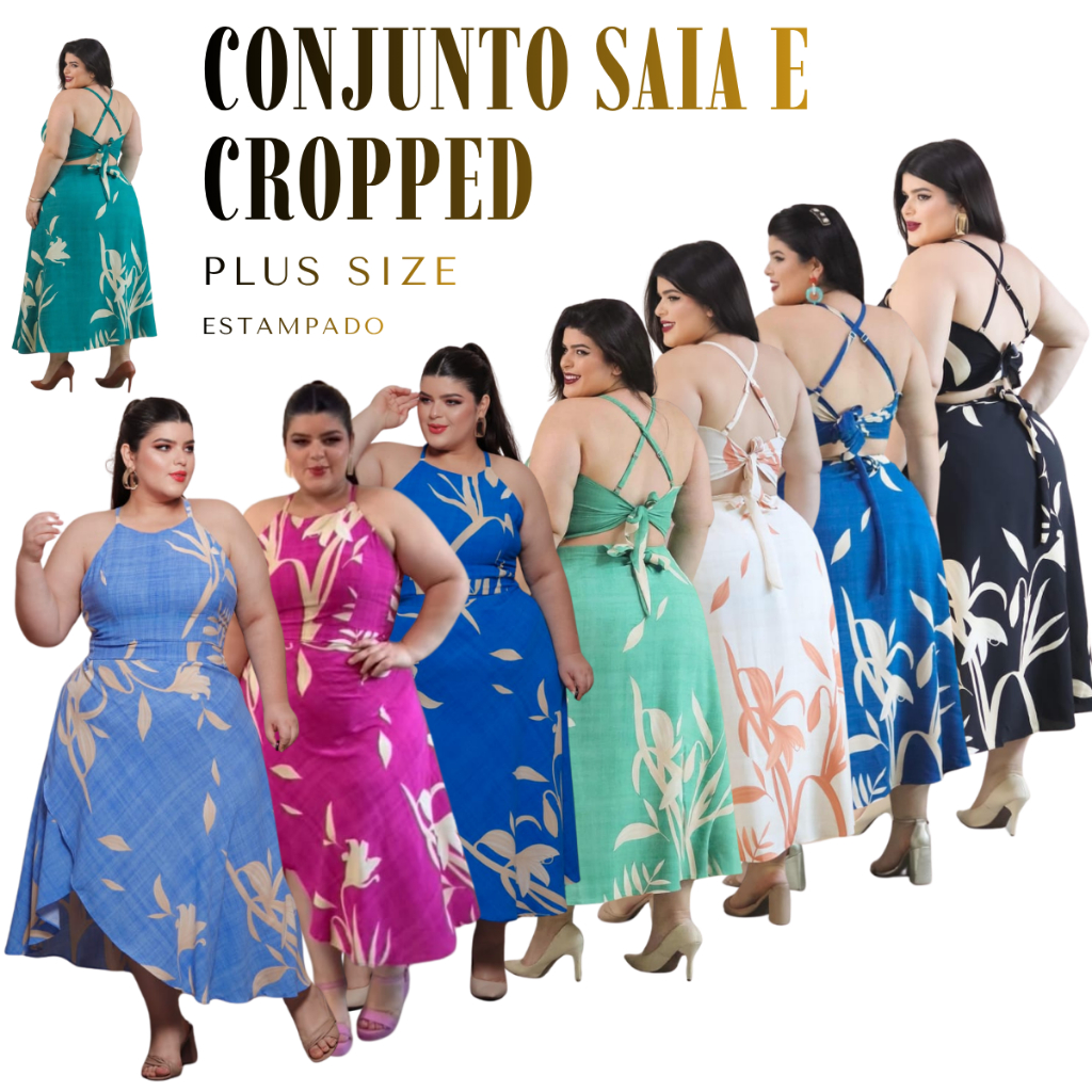 Conjunto Saia Envelope Transpassada e Cropped com alças regulav Plus Size Veste do 46 ao 52