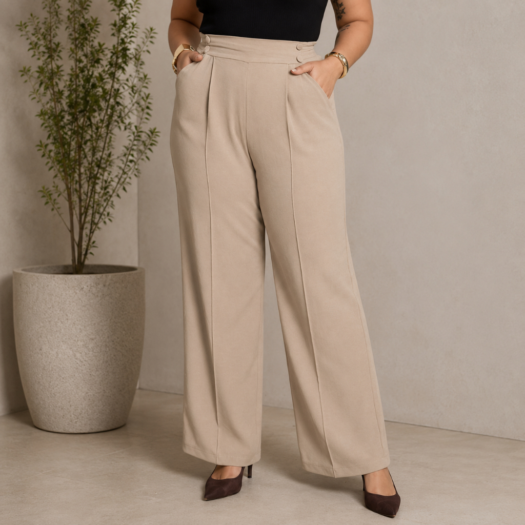Calça Pantalona Duna Plus Size Feminina Com Elástico Na Cintura Com Bolso. Cintura Alta Tecido Duna