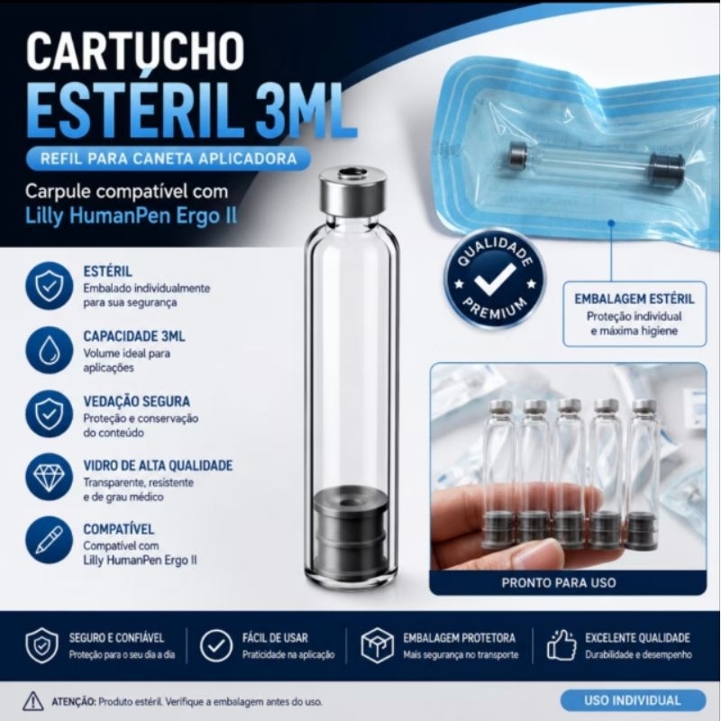 Cartucho 3ml Estéril compatível com a caneta Lilly ergo II