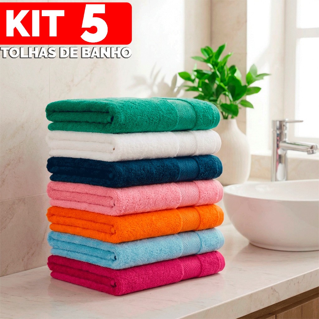 Kit 5 Toalhas de Banho Sarah Banhão 65x120cm Macia Resistente 100% Algodão Alta Absorção