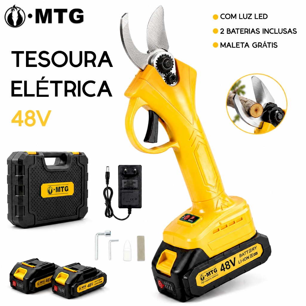 Tesoura Elétrica de Poda 48V Profissional Kit Completo com 2 Baterias e Maleta Rígida