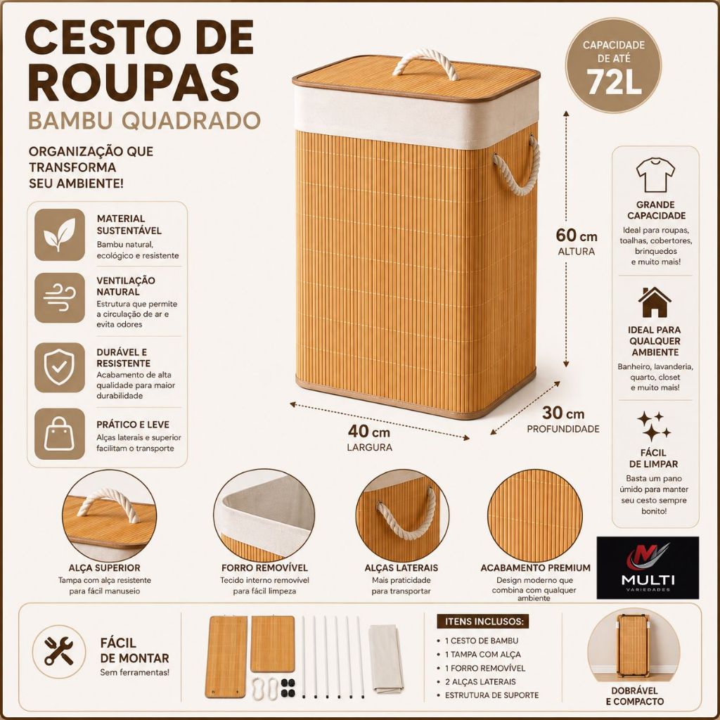 Cesto de Roupa Suja 72L Bambu com Tampa e Forro Removível Organizador para Lavanderia