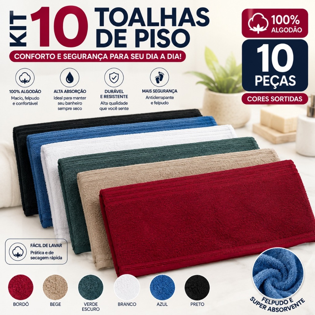 Kit 10 Toalha De Piso Tapete Pézinho Felpudo para Banheiro Hotel Pousada 50x75cm