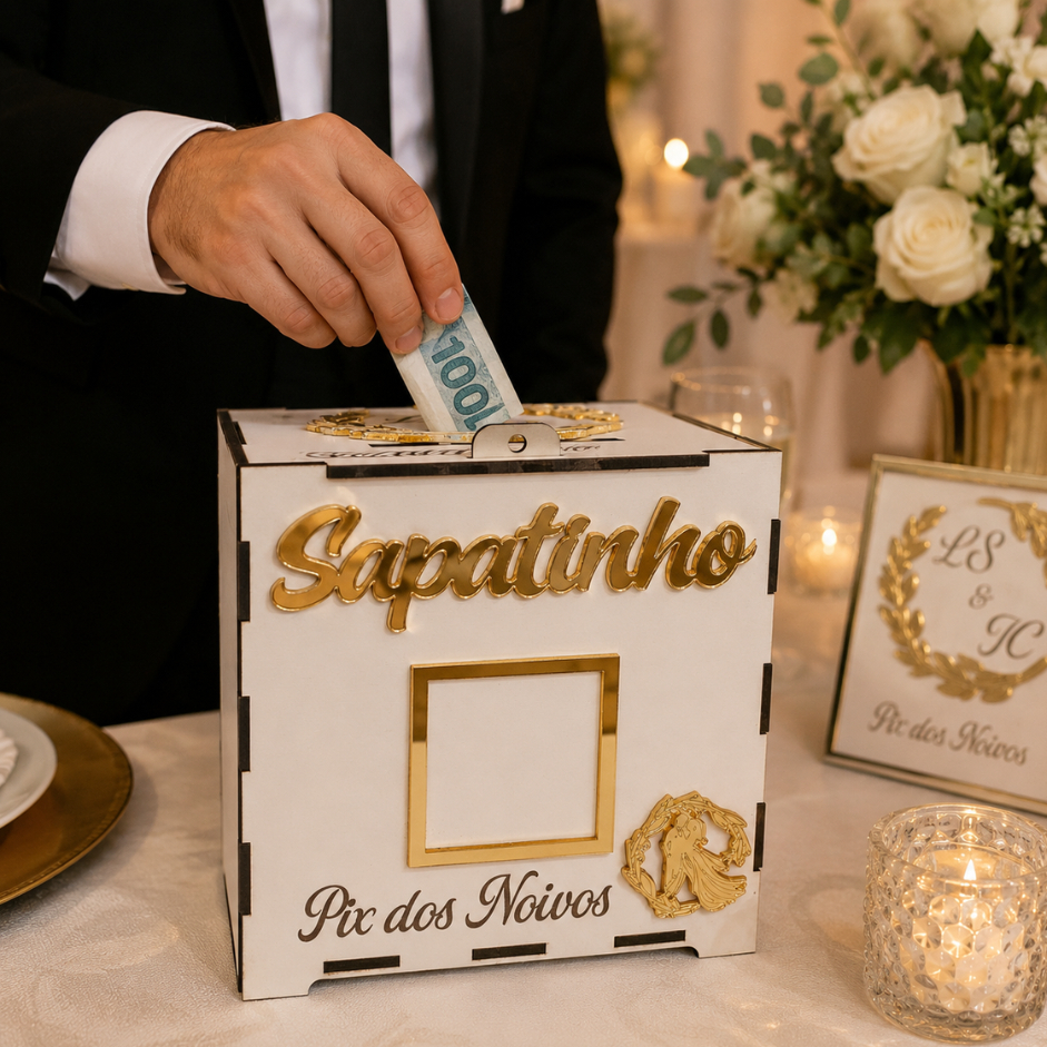 Caixa Corta Gravata Para Casamento Personalizada Pix Noivos Padrinhos MDF Sapatinho Lua de Mel 15x15cm Cofre
