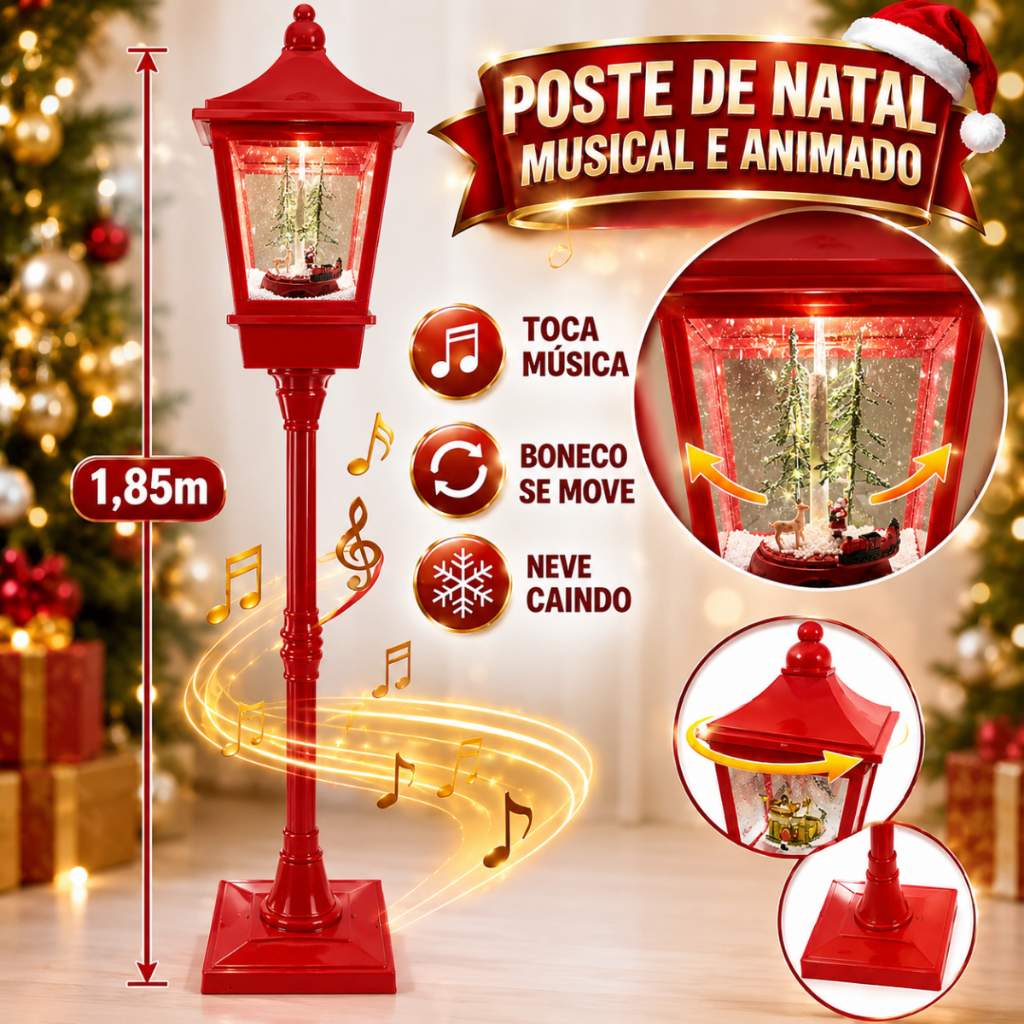 Poste de Natal 1,85m com Neve Luz LED Música Trenzinho e Criança Decorativo Bivolt Vermelho