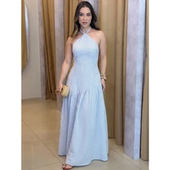 Vestido longo listrado frente unica Assimetrica com elastex nas costas
