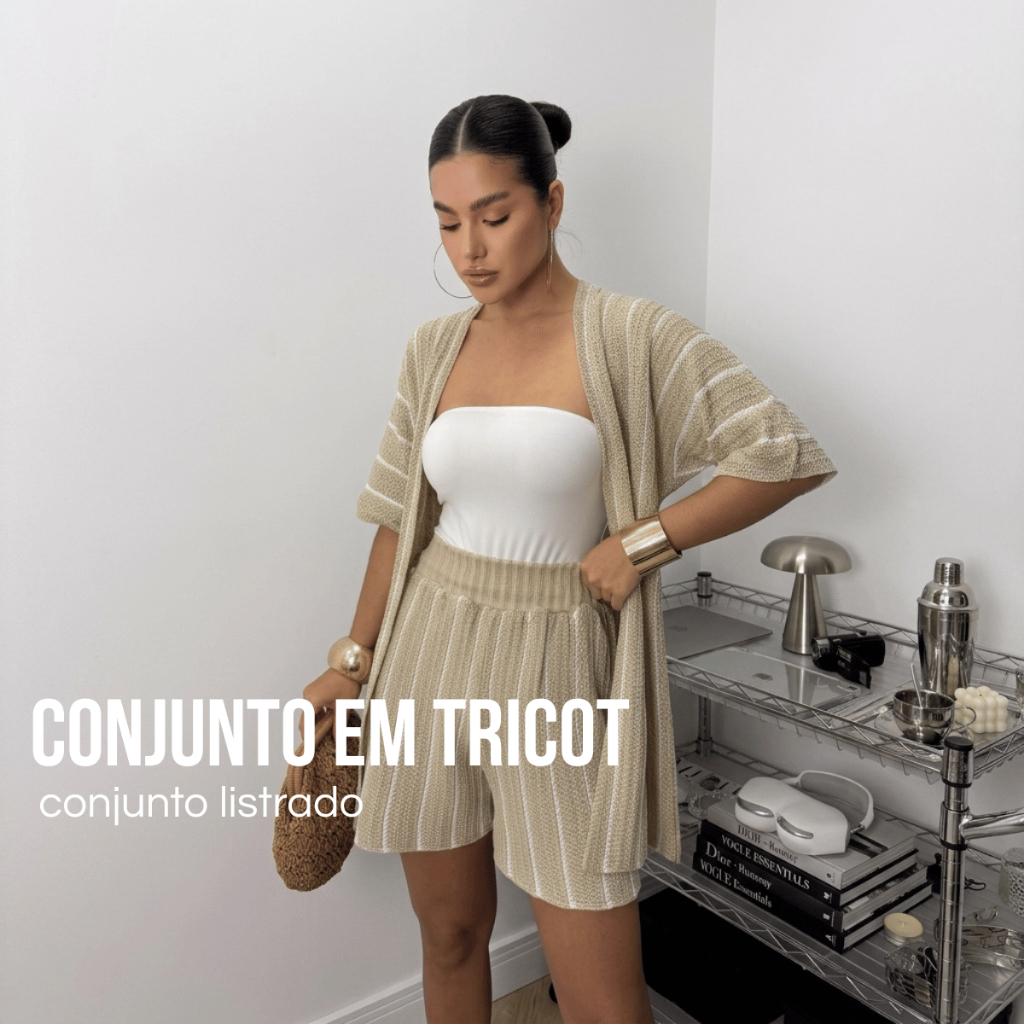 Conjunto Feminino Tricot Listrado Cardigan Manga Curta e Short Cintura Alta Elegante