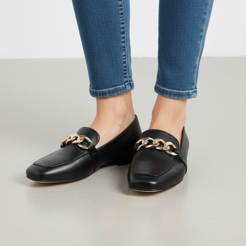 Sapatilha Mocassim Feminino  Cor Preto Elegante com Corrente Confortável Macio para Dia a Dia Chic Moderno 34 ao 40