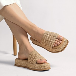 Tamanco Sandália Feminina Ráfia Flat de Palha Natural Búzios Praia Resort Verão Leve Papete Slide