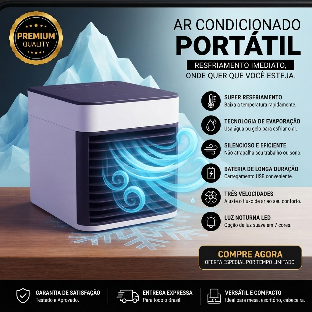 Mini Ar Condicionado Portátil 3 em 1 R – Umidificador, Ventilador e Climatizador USB Escritório Mesa