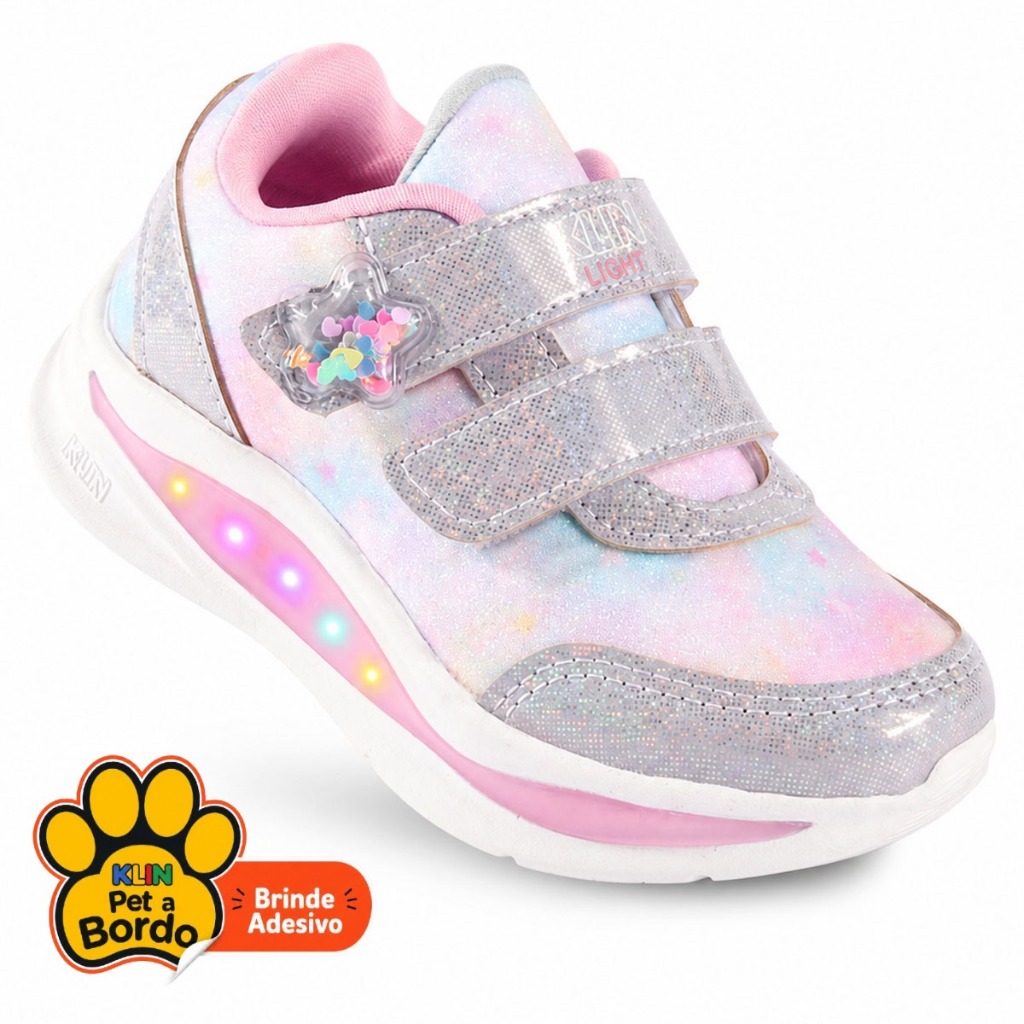 Tênis Infantil Menina Klin Flash Light com LED Colorido e com Glitter Anatômico Leve Confortável