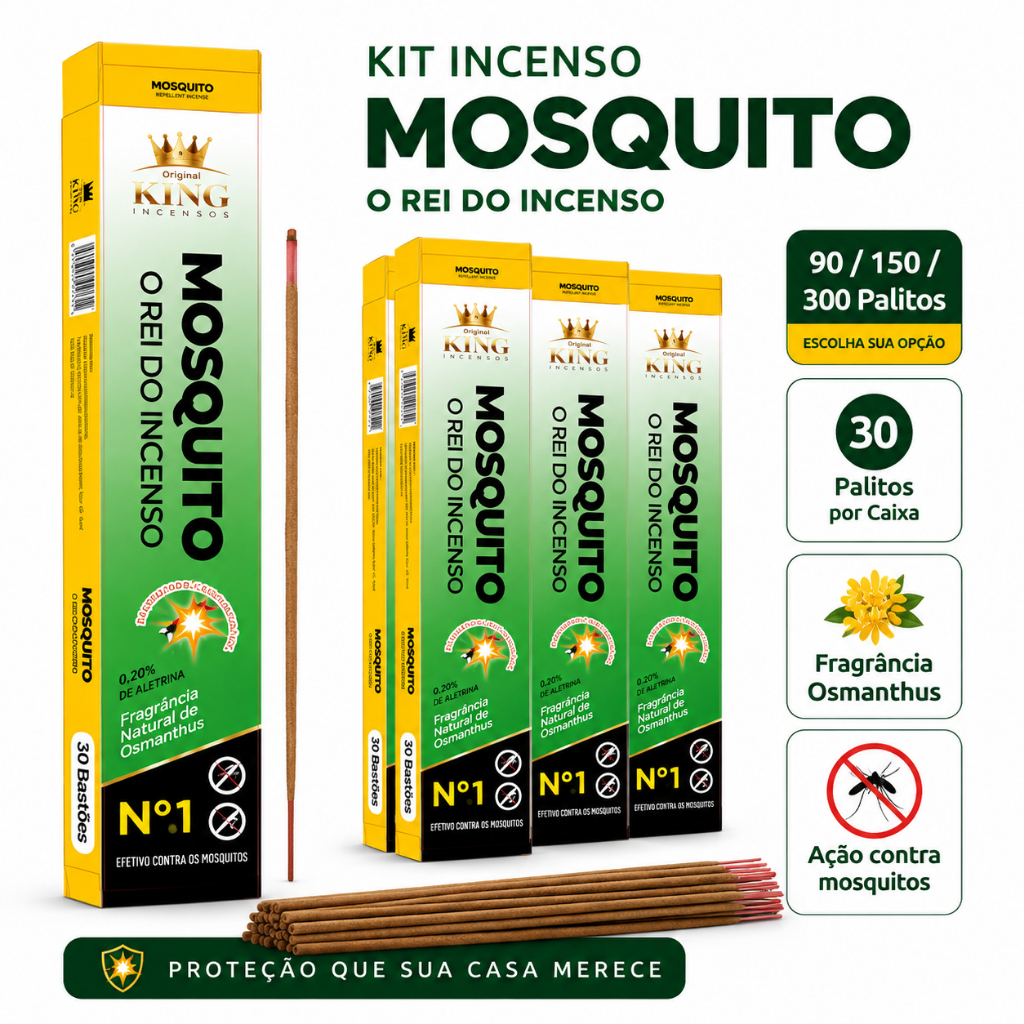 Kit 90/150/300 Palitos Incenso Repelente Mata Mosquitos D-Aletrina 0,30% – Fragrância Osmanthus