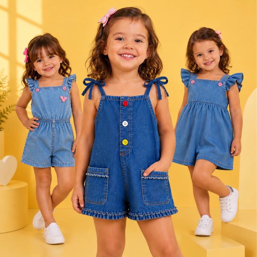 Macacão Macaquinho Jardineira Jeans Infantil Feminino 2 a 4 Anos Confortável e Estiloso — imagem 1