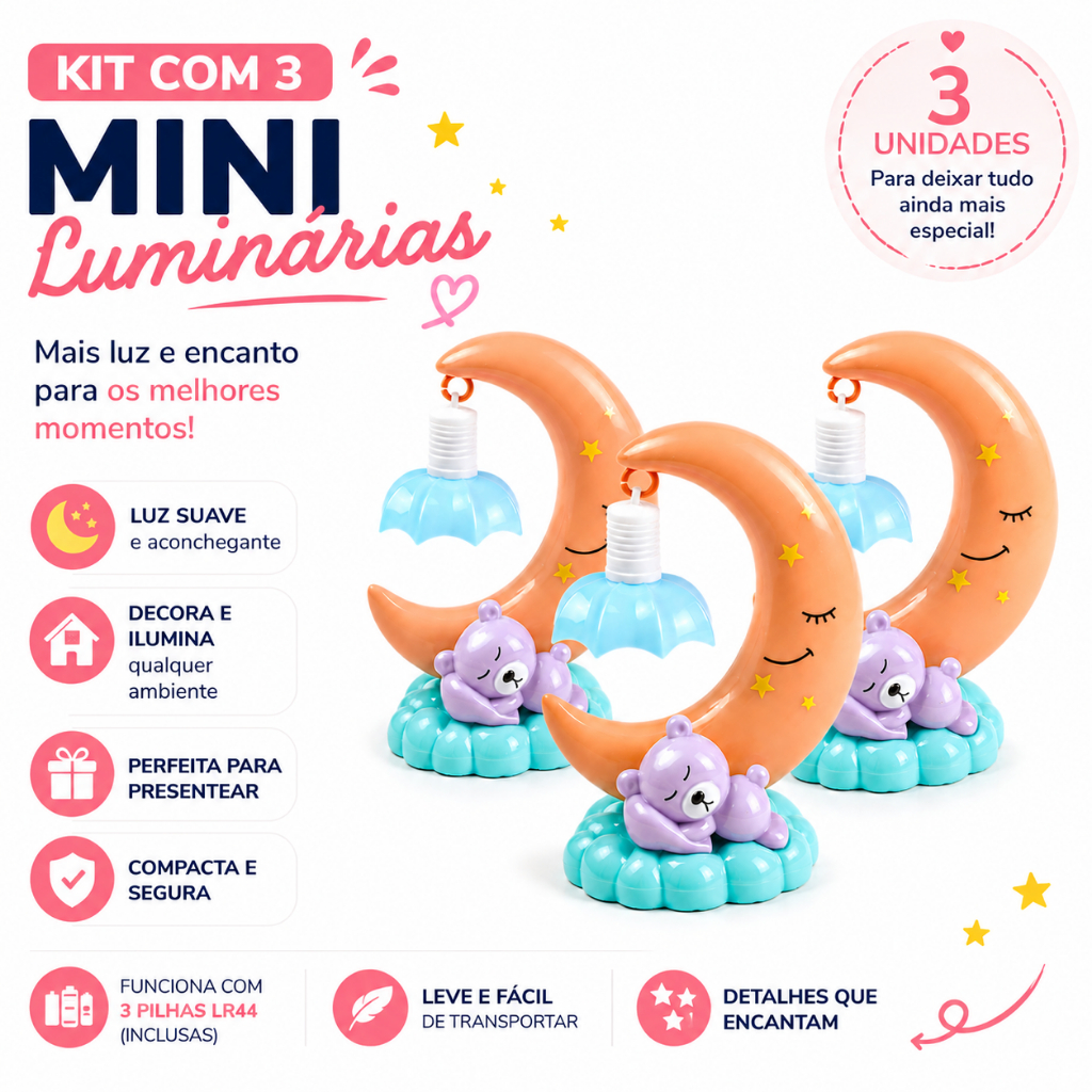 Kit 3 Mini Luminaria LED Mesa Decorativa Lua Abajur Quarto Criança Pequena Plastica Estudo Infantil