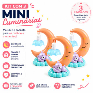 Kit 3 Mini Luminaria LED Mesa Decorativa Lua Abajur Quarto Criança Pequena Plastica Estudo Infantil