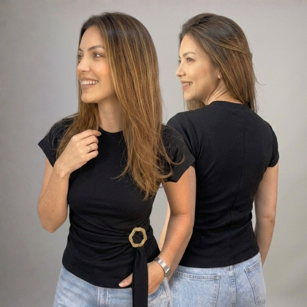 Blusa Feminina Manga Curta Fivela Dourada Ajustavel Elegante Casual Confortavel Moda Social Canelado