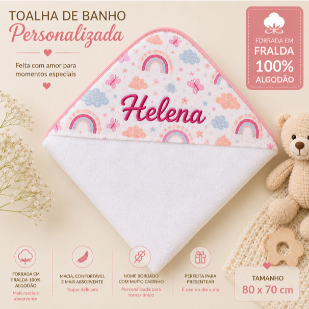 Toalha de Banho Infantil com Capuz Personalizada com Nome Forrada Fralda 100% Algodão 80x70cm