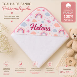 Toalha de Banho Infantil com Capuz Personalizada com Nome Forrada Fralda 100% Algodão 80x70cm