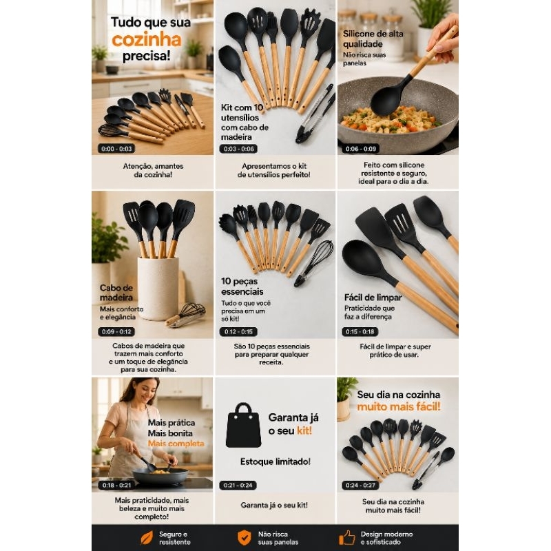 Kit Utensílios de Cozinha Silicone 12 Peças Completo Antiaderente Resistente com Suporte Premium