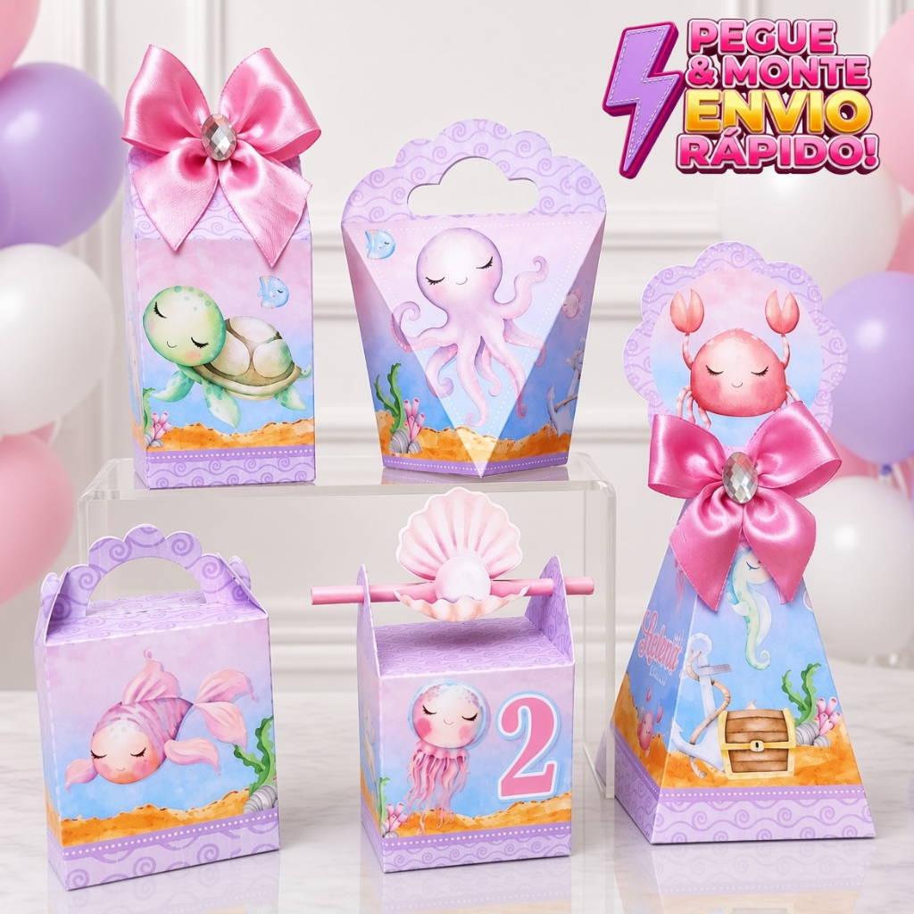 Kit Caixas Fundo do Mar menina Rosa – Lembrancinha Festa Infantil - Aniversário - Personalizados fundo do Mar