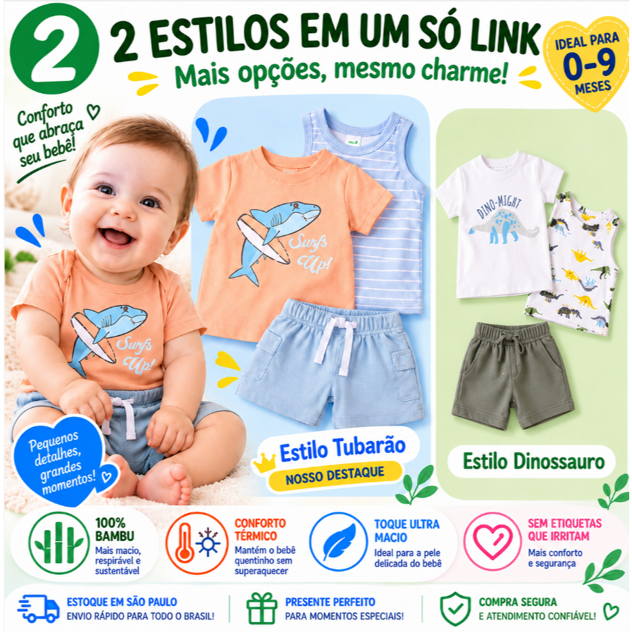 Conjunto Bebê Menino 3 Peças Camiseta Regata Shorts Roupa Infantil Verão Estampada 0 a 9 Meses