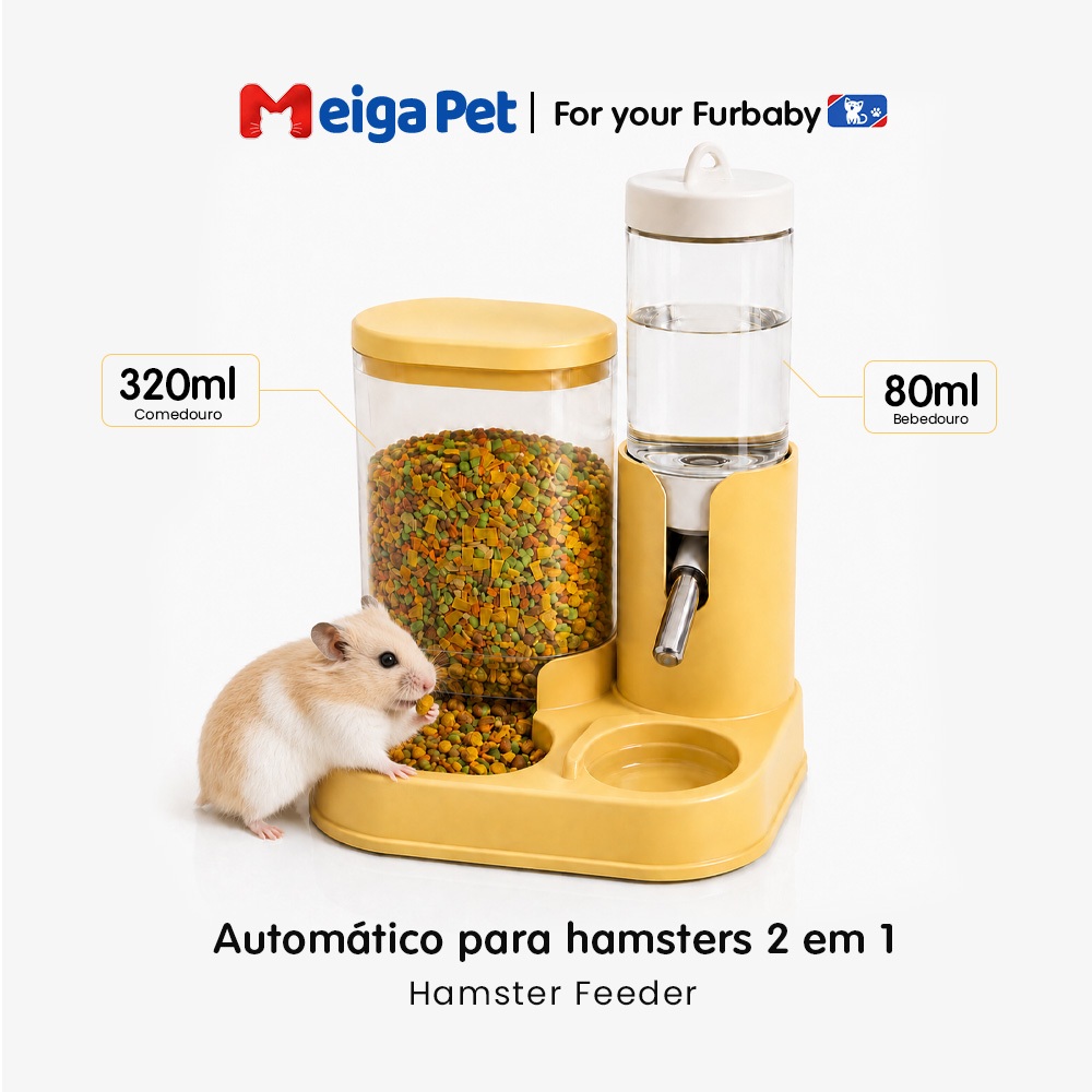 Comedouro e Bebedouro 2 em 1 Automático 400ml para Hamster e Roedores, Bico Inox Anti Vazamento Antiderrapante