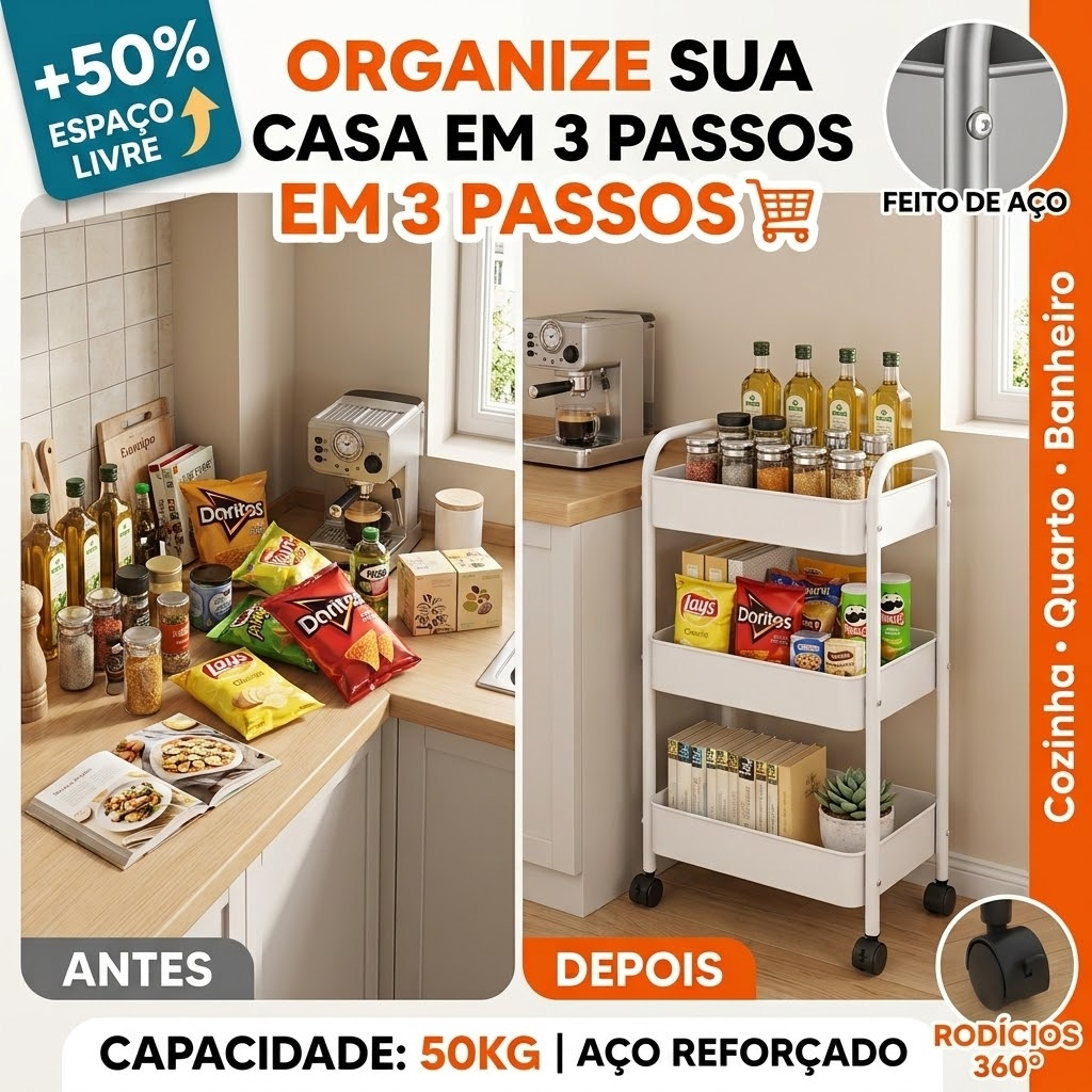 Carrinho Auxiliar Organizador Multiuso Com 3 Andares E Rodas Rack de Armazenamento Para Lavanderia Cozinha e Quarto