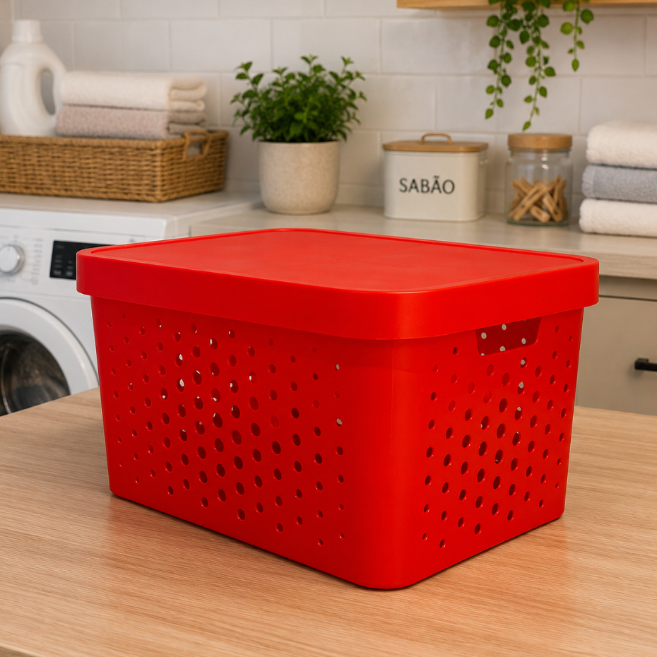 Caixa organizadora com tampa 17 litros vermelho organizador sala quarto cozinha lavanderia escritório
