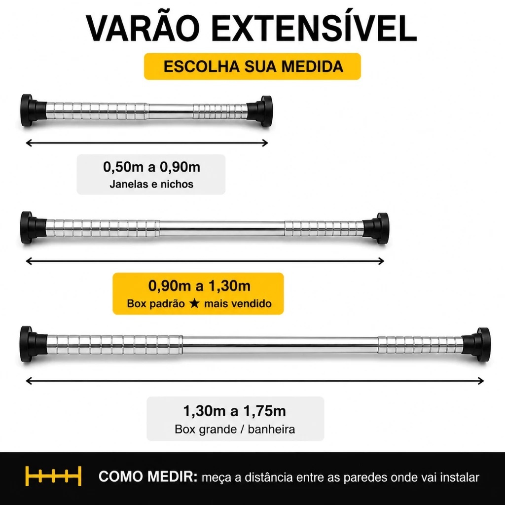 Suporte Extensível Aço Inox Ajustável 50cm à 170cm Sem Furar Parede para Cortina Box Pia e Guarda-Roupa