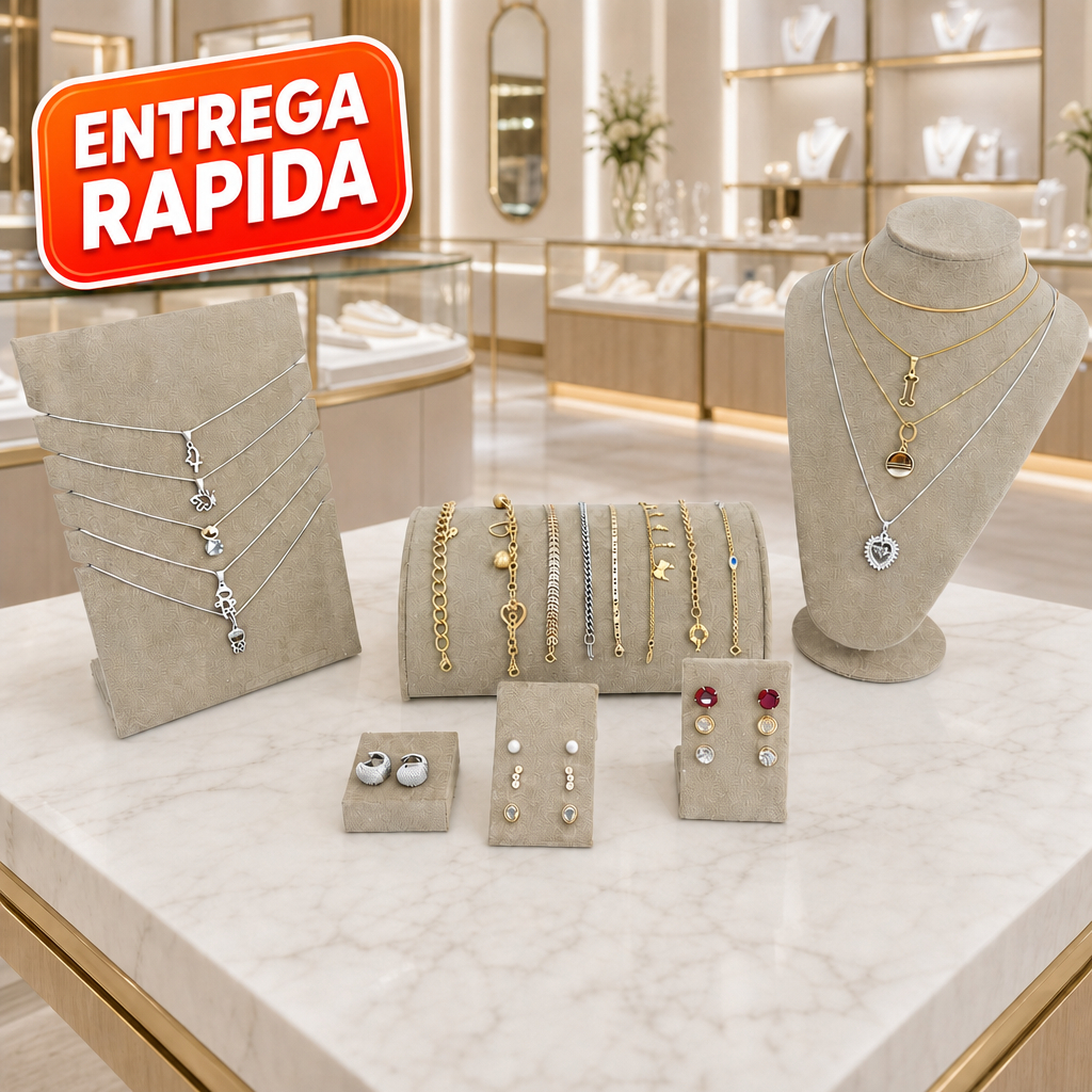 Expositor de Joias em Veludo Bege Organizador de Colares Brincos e Pulseiras Elegante para Loja Luxo